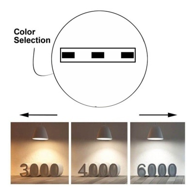 Luz suspensa branca com números de madeira 3000, 4000, 6000 e seleção de cor