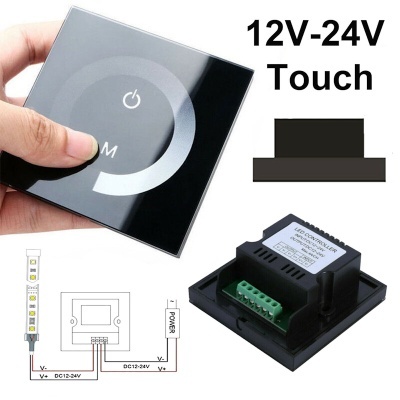 Controle táctil LED quadrado preto com ícones touch e controlador LED