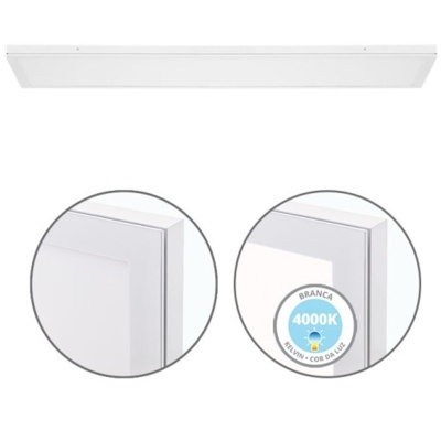 Plafon LED retangular branco com detalhes ampliados e indicação 4000K