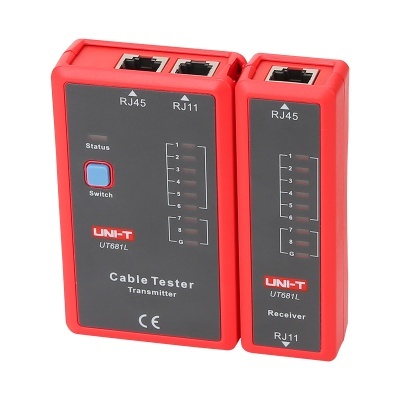 Teste de cabos UNI-T UT681L vermelho com painel cinzento escuro e portas RJ45 e RJ11