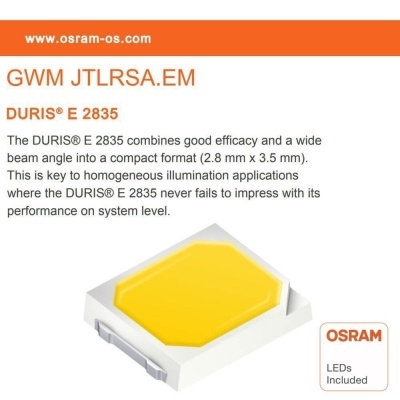 LED DURIS E 2835 OSRAM branco com cúpula amarela, texto e logótipos visíveis