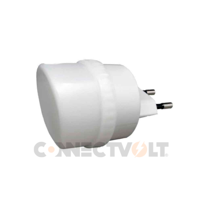 Adaptador eléctrico branco com plugue tipo europeu e texto CONECTVOLT no fundo