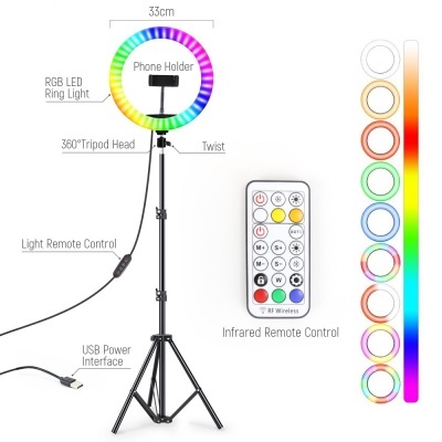Anel de luz RGB LED com tripé e controlo remoto colorido