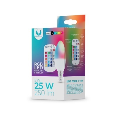 Embalagem de lâmpada LED RGB tipo vela com comando remoto e especificações técnicas