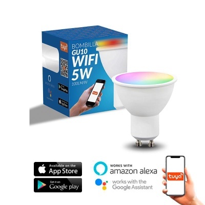 Lâmpada LED GU10 WiFi 5W branca com embalagem azul e smartphone mostrando app Tuya