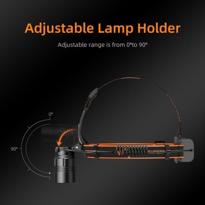 suporte ajustável para lâmpada em preto e laranja com indicação de ângulo ajustável