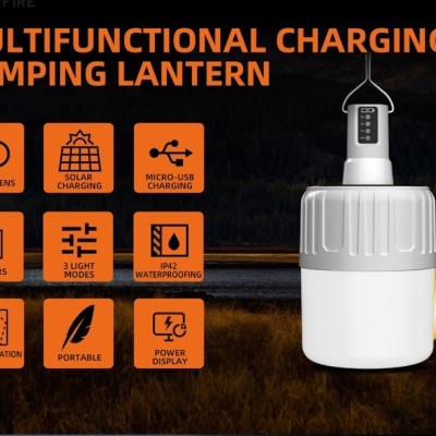 Lanterna de camping branca multifuncional com painéis e ícones laranja explicativos