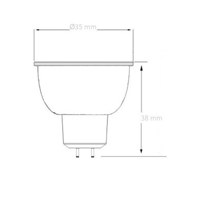 Desenho técnico de lâmpada LED com medidas e base de dois pinos.
