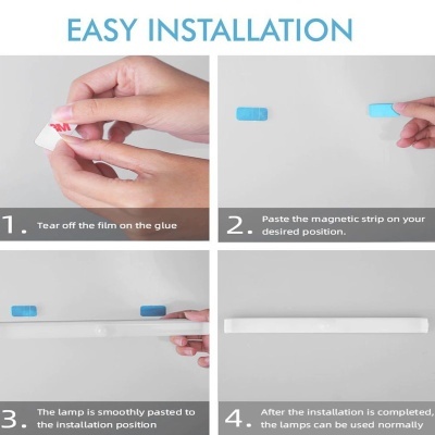 Instruções de instalação para faixa magnética azul com cola 3M e lâmpada branca em fundo branco
