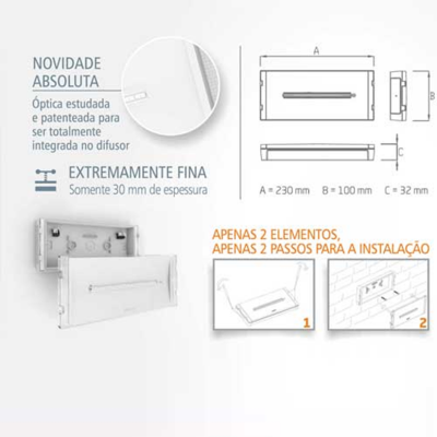 Difusor branco com design fino e esquema de instalação em duas etapas.