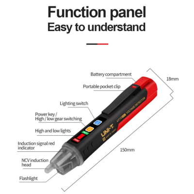 Detector de voltagem UT18B preto e vermelho com painel funcional e indicadores