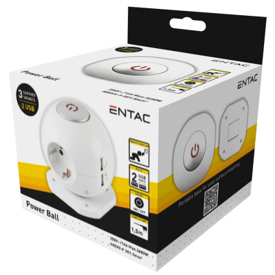 Embalagem do Power Ball ENTAC com 3 tomadas, 2 USB, botão on/off e indicação de cabo 1,5m