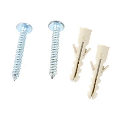 Parafusos metálicos prateados e buchas de plástico branco sobre fundo branco