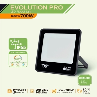 Projetor LED preto EVOLUTION PRO 100W com chip LUMILEDS e selo IP65