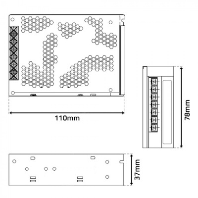 Desenho técnico de componente eletrônico com medidas e furos circulares