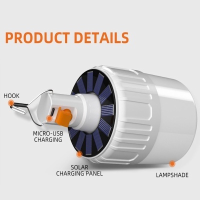 Candeeiro portátil branco com painel solar circular, gancho e porta Micro-USB