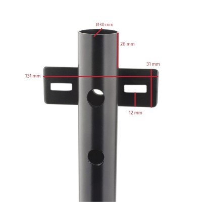 Suporte metálico preto com orifícios e abas laterais, medidas em milímetros