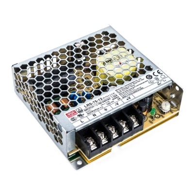 Fonte de alimentação Mean Well LRS-75-12 prateada com conetores pretos