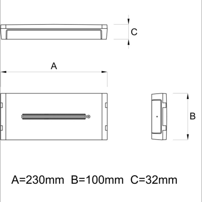 Desenho técnico com vistas e dimensões de um objeto retangular