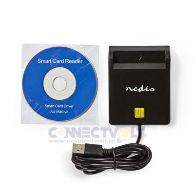 Leitor de cartão inteligente Nedis preto com cabo USB e CD de driver azul