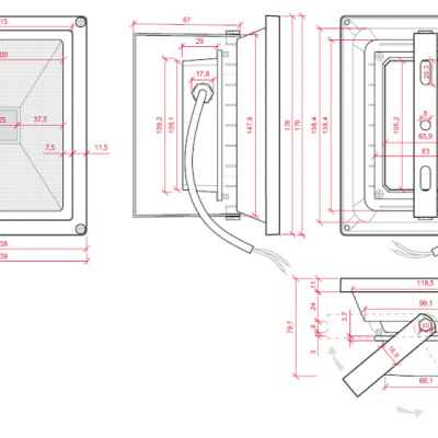 Desenho técnico de projetor LED quadrado com medidas em milímetros.