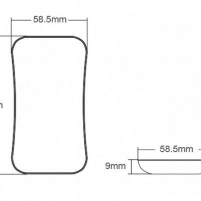 Desenho técnico em preto e branco de objeto retangular com cantos arredondados e medidas