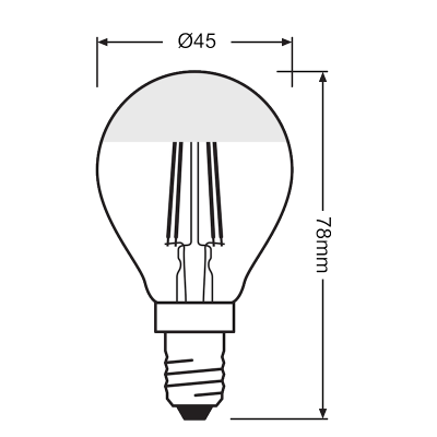 desenho técnico de lâmpada incandescente com medidas de 45mm de largura e 78mm de altura