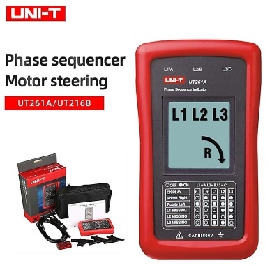 Aparelho digital vermelho e preto UNIT UT261A com ecrã ao lado da caixa e acessórios