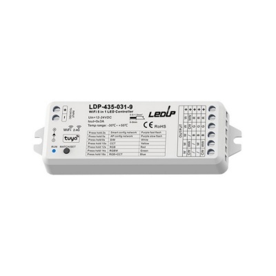 Controlador LED WiFi 5 em 1 branco com etiqueta técnica e terminais de ligação