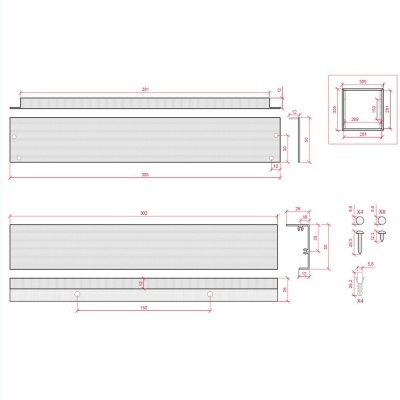 Desenho técnico de peça metálica retangular com dimensões e componentes