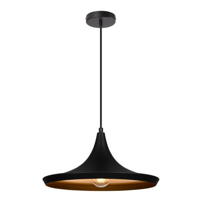 Candeeiro suspenso preto com interior dourado e lâmpada visível