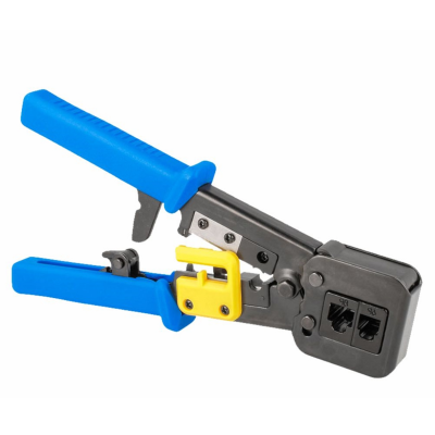 Alicate de crimpar com punhos azuis e peça amarela para conectores RJ45 e RJ11