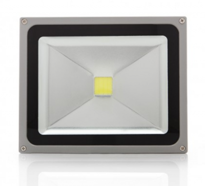 Projetor LED cinza e preto com chip LED amarelo central