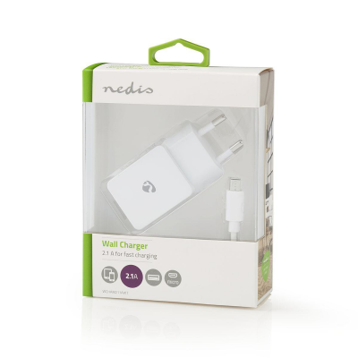 Carregador de parede Nedis branco com cabo micro USB na embalagem