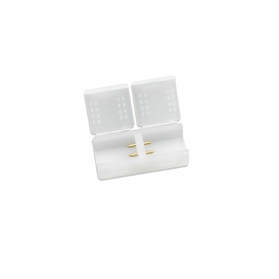 Estojo branco translúcido com tampa dividida e dois pequenos objetos dourados no interior