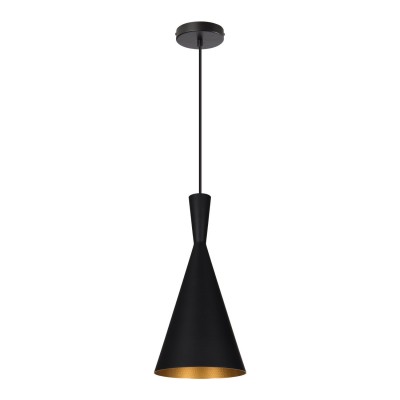 Candeeiro de teto pendente preto com interior dourado cónico