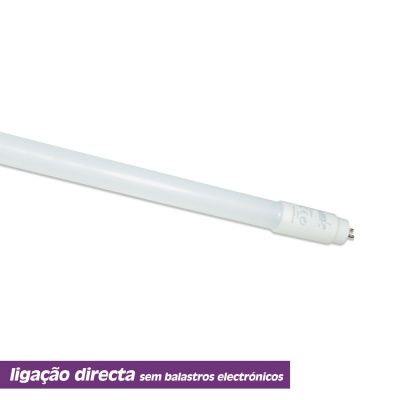 Lâmpada fluorescente tubular branca com texto promocional