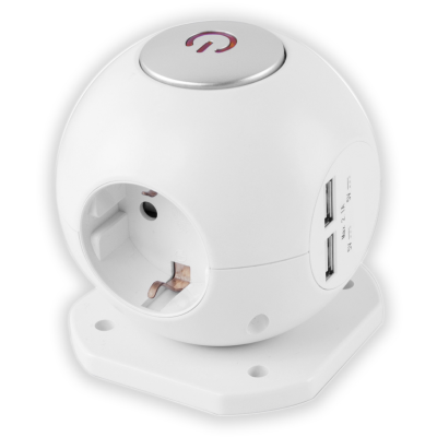 Tomada elétrica esférica branca com botão e portas USB