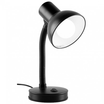 Candeeiro de mesa preto com braço flexível e base redonda.