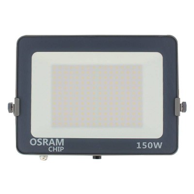 Projetor LED retangular cinzento com painel branco e inscrições OSRAM CHIP 150W