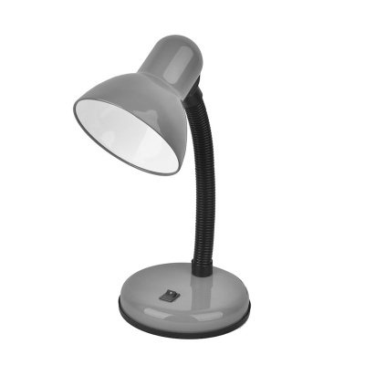 Candeeiro de secretária cinzento com base redonda e pescoço flexível preto