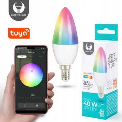 Lâmpada LED multicolorida FOREVER LIGHT E14 com embalagem e controlo via app Tuya no telemóvel