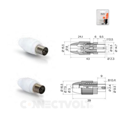 Conectores coaxiais metálicos com capa branca e desenhos técnicos