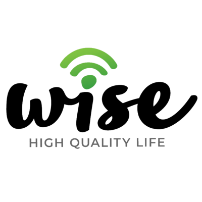 Logótipo da marca wise com ícone Wi-Fi verde e slogan HIGH QUALITY LIFE