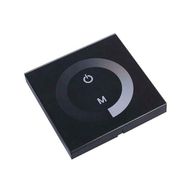 Painel tátil quadrado preto com ícones branco e padrão circular cinza