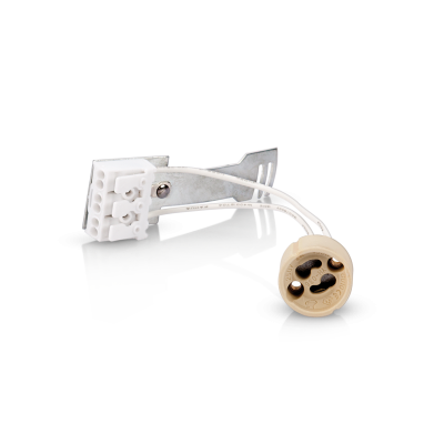 Conector elétrico metálico com terminais de plástico branco e bege