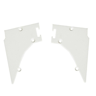 Duas peças plásticas brancas com orifícios para parafusos