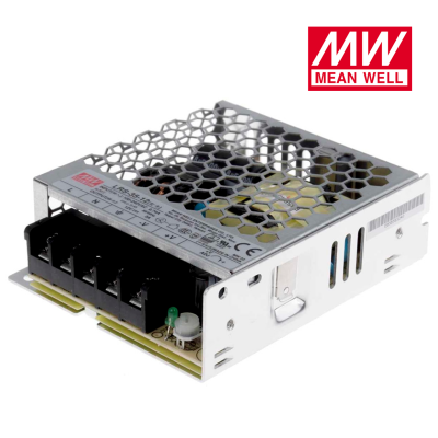 Fonte de alimentação metálica Mean Well cinzenta com terminais pretos e etiqueta técnica