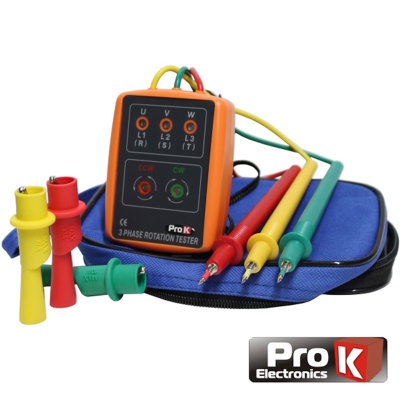 Equipamento de teste Pro K Electronics com três cabos coloridos e bolsa azul