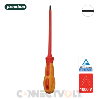 Chave de fendas isolada com cabo amarelo e vermelho e ponta chata